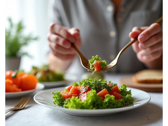 Person mindfully eating a colourful salad at a table with natural light, representing mindful eating practices.