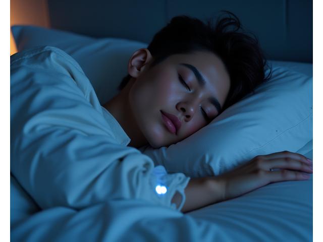 Adult in bed sleeping peacefully with a smart ring on finger, symbolizing sleep optimization with wearable tech.