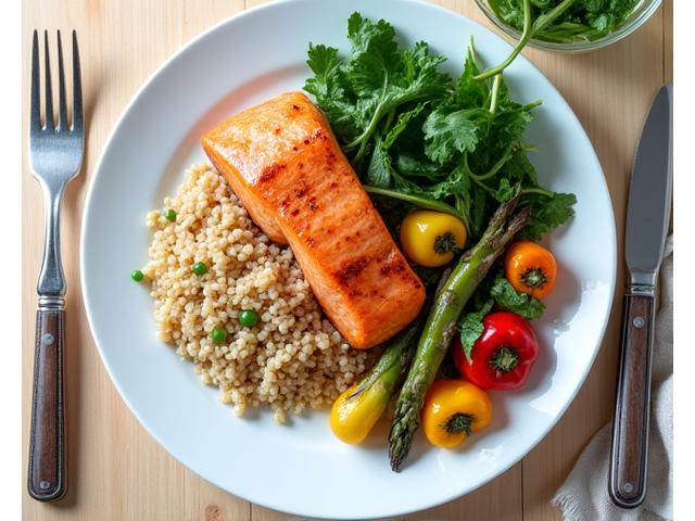 Image of a balanced, vibrant meal of salmon, quinoa, and leafy greens, illustrating functional nutrition with a focus on metabolic health.