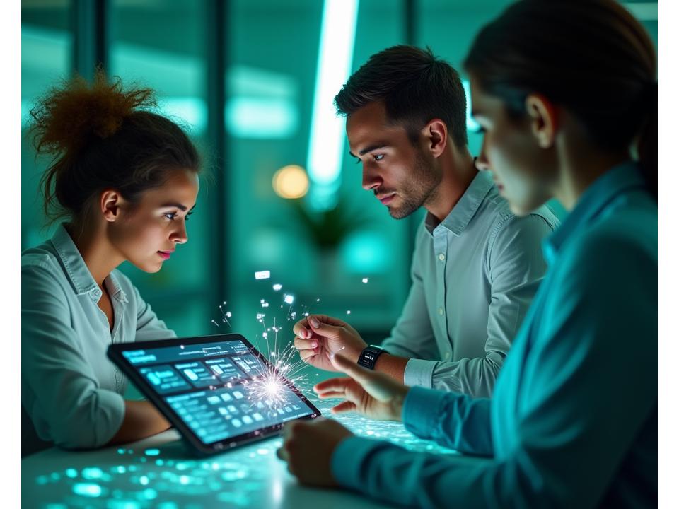 Diverse group of adults using VitaGrove wellness app on tablet and smartphone, showing personalized health data and progress, with a vibrant, modern interface, surrounded by subtle glowing particles representing data flow and connectivity.