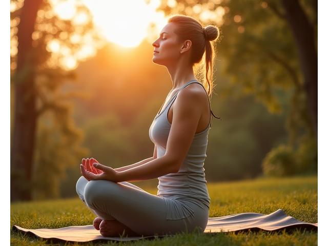 Woman in her 40s meditating peacefully outdoors at sunrise, embodying mindfulness and stress reduction for busy professionals, with calm, serene lighting and natural elements.