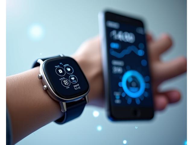 Close-up view of a smartwatch displaying real-time heart rate and activity metrics, seamlessly integrated with a mobile health tracking app on a smartphone, representing wearable technology integration for comprehensive health tracking.
